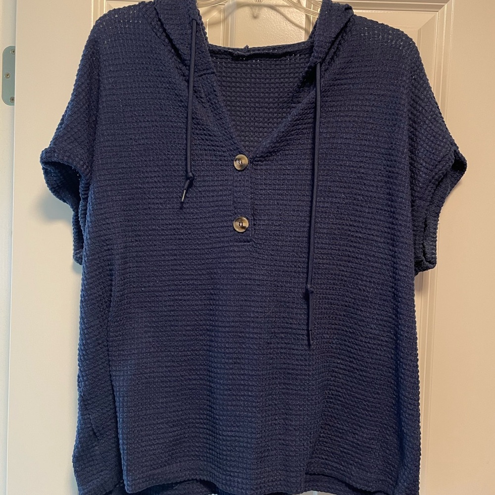 Navy Blue Hooded Button-Up Top